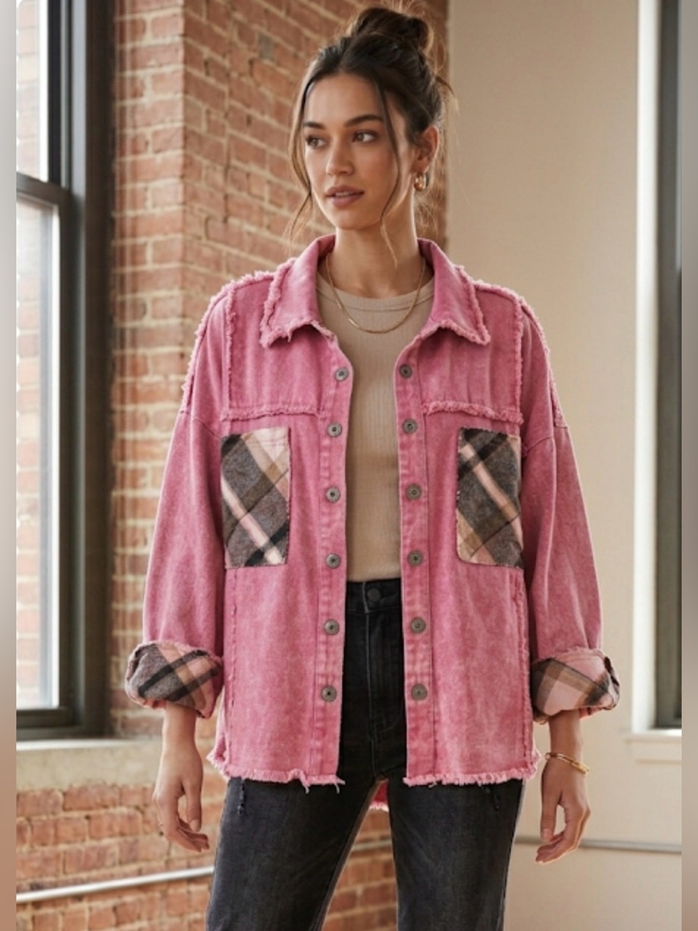 Umgee NWT Pink Denim Jacket with Plaid Pockets